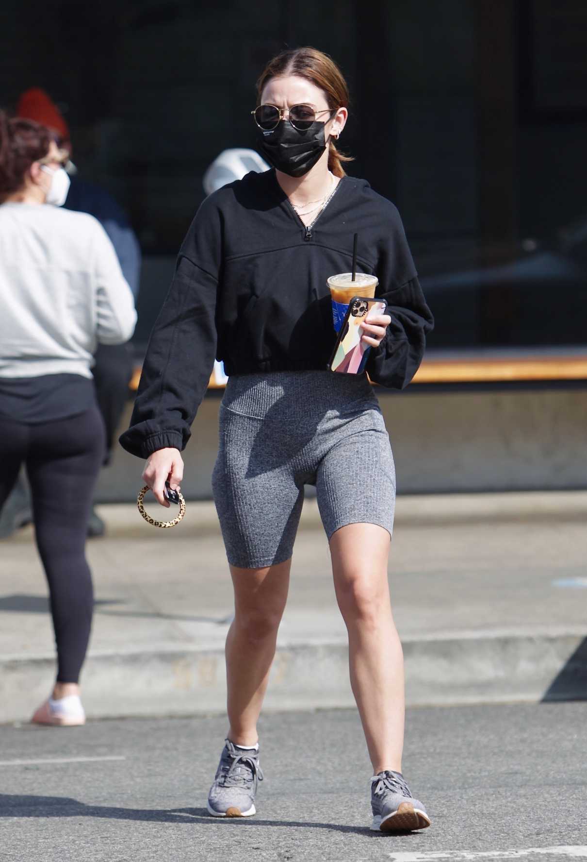 Lucy Hale in a Grey Spandex Shorts Grabs an Iced Coffee in Los Angeles