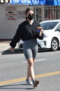 Lucy Hale in a Grey Spandex Shorts