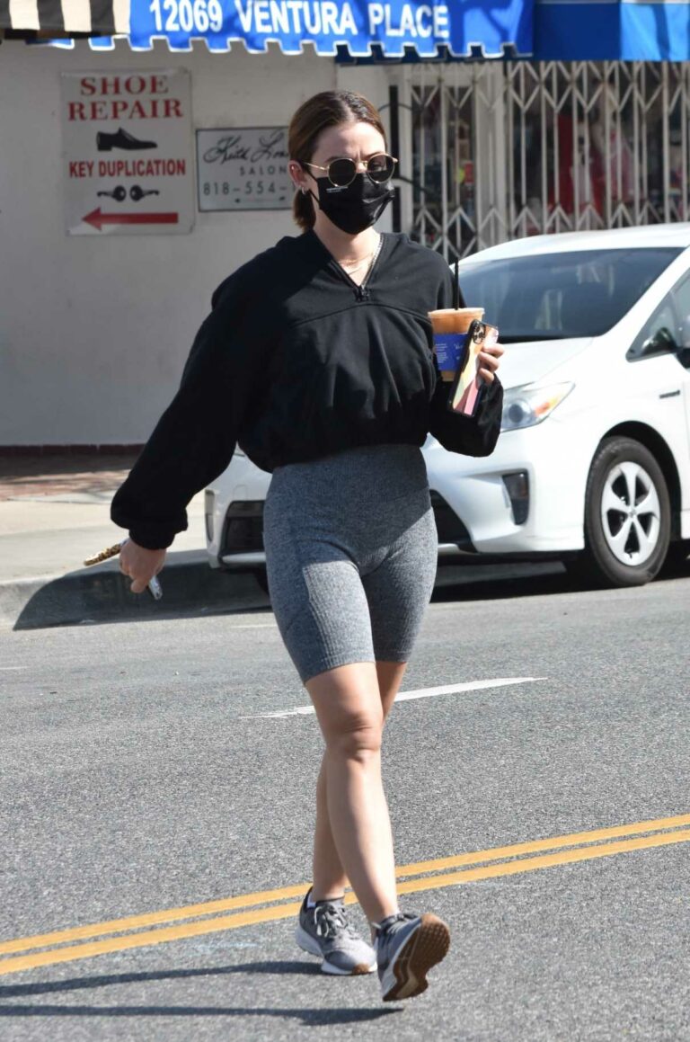 Lucy Hale in a Grey Spandex Shorts Grabs an Iced Coffee in Los Angeles