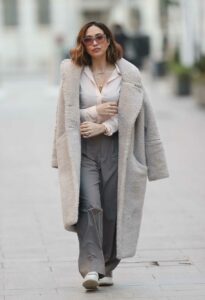 Myleene Klass in a Beige Faux Fur Coat