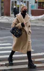 Nicky Hilton in a Beige Faux Fur Coat