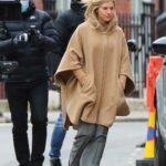 Sienna Miller in a Beige Coat on the Set of Anatomy of a Scandal in London 02/14/2021