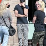 Aaron Paul in a Black Tee Chats with a Friend while Out for Lunch at Little Dom’s in Los Feliz 02/28/2021