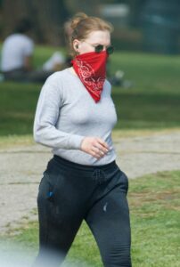 Amy Adams in a Red Bandana as a Face Mask