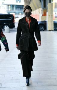 Bella Hadid in a Black Denim Suit