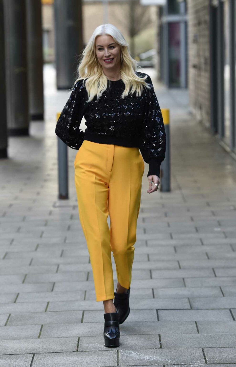 Denise Van Outen in a Yellow Pants Heads to Steph’s Packed Lunch TV