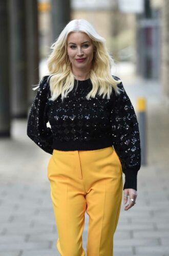 Denise Van Outen in a Yellow Pants Heads to Steph’s Packed Lunch TV
