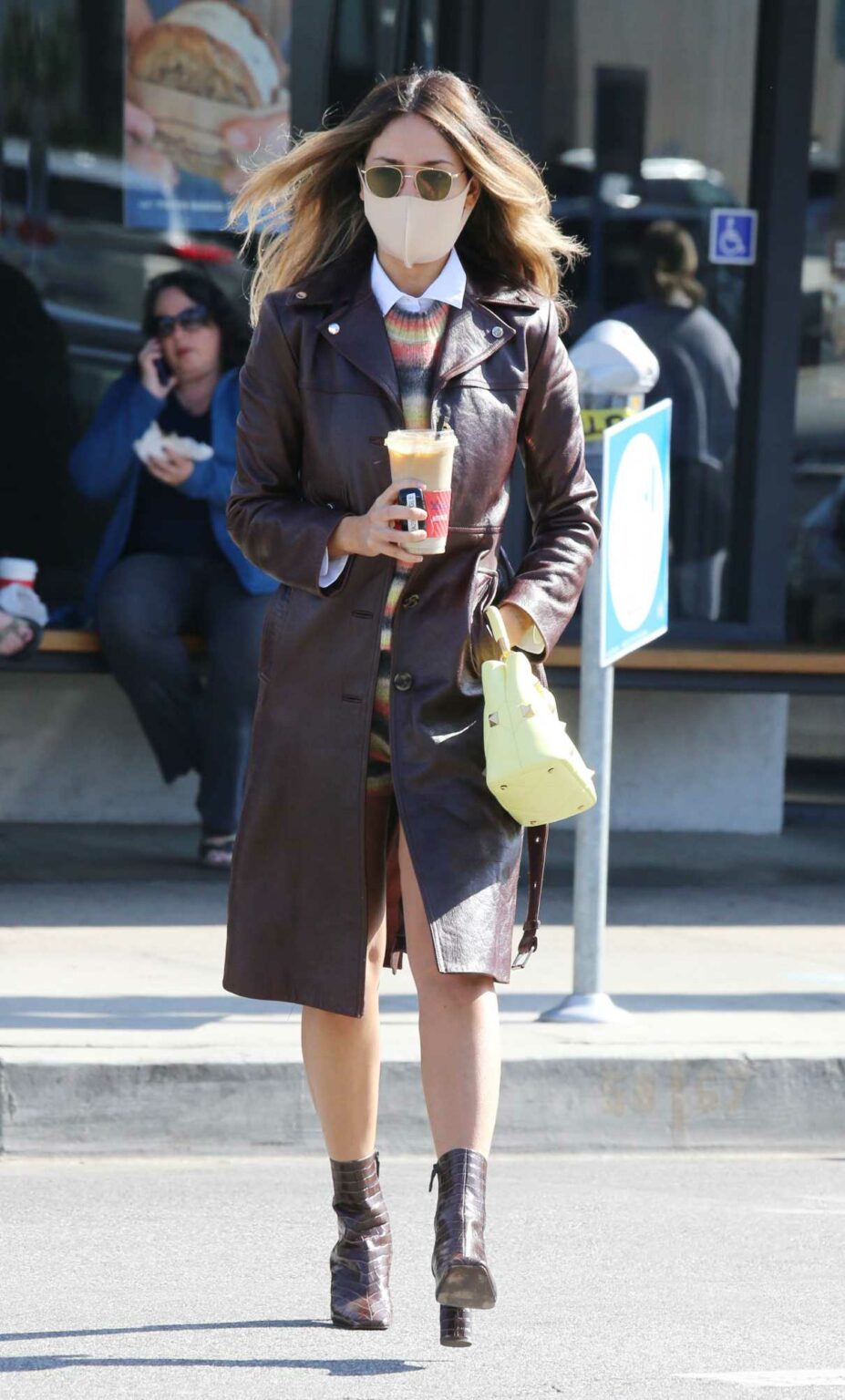 Eiza Gonzalez in a Brown Leather Coat Heads Out for Iced Coffee in Los