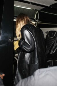 Hailey Bieber in a Black Leather Outfit