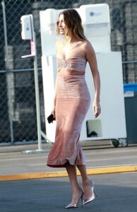 Hailey Bieber in a Pink Dress