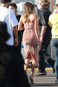 Hailey Bieber in a Pink Dress