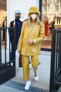 Hailey Bieber in a Yellow Suit