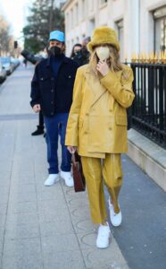 Hailey Bieber in a Yellow Suit