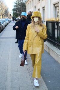 Hailey Bieber in a Yellow Suit