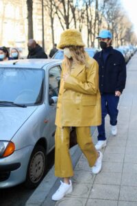 Hailey Bieber in a Yellow Suit