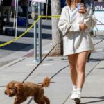 Inanna Sarkis in a White Sweatshirt Walks Her Dog in Studio City 02/28/2021