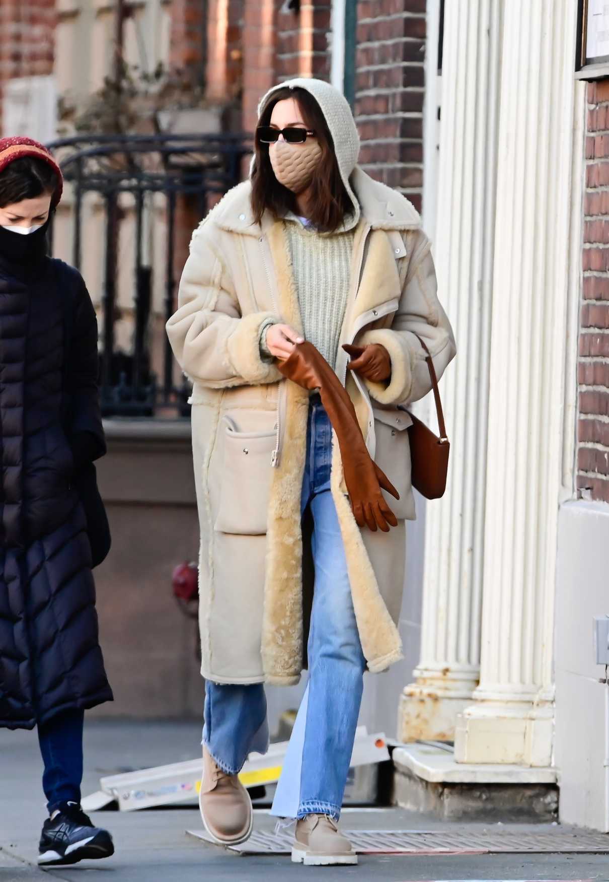 Irina Shayk in a Beige Sheepskin Coat