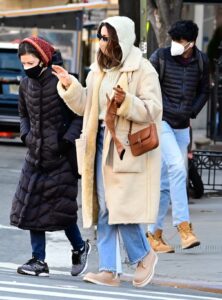 Irina Shayk in a Beige Sheepskin Coat