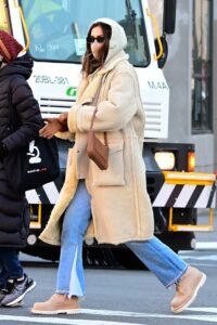 Irina Shayk in a Beige Sheepskin Coat