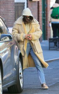 Irina Shayk in a Beige Sheepskin Coat