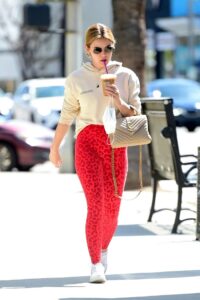 Lucy Hale in a Red Animal Print Leggings
