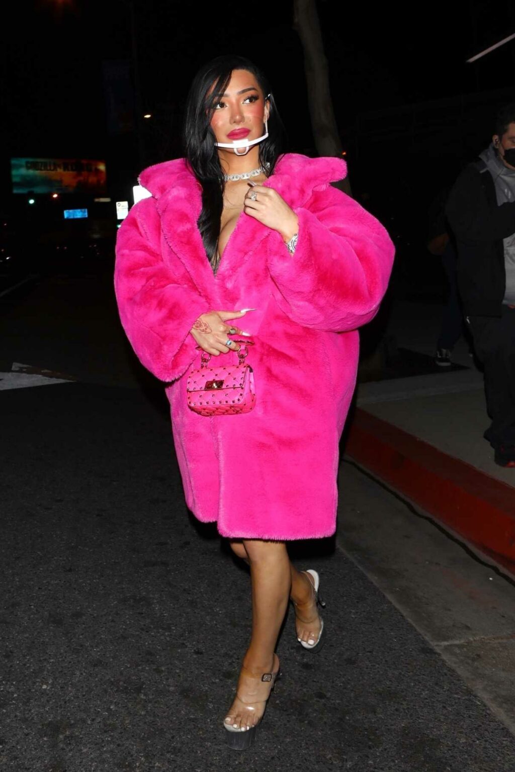 Nikita Dragun in a Pink Fur Coat Arrives at BOA Steakhouse in West