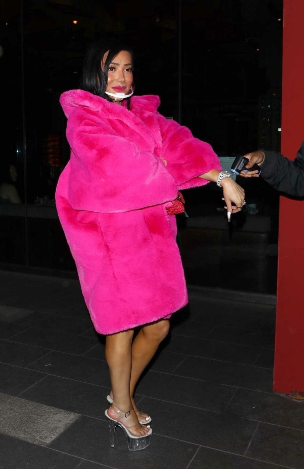 Nikita Dragun in a Pink Fur Coat Arrives at BOA Steakhouse in West