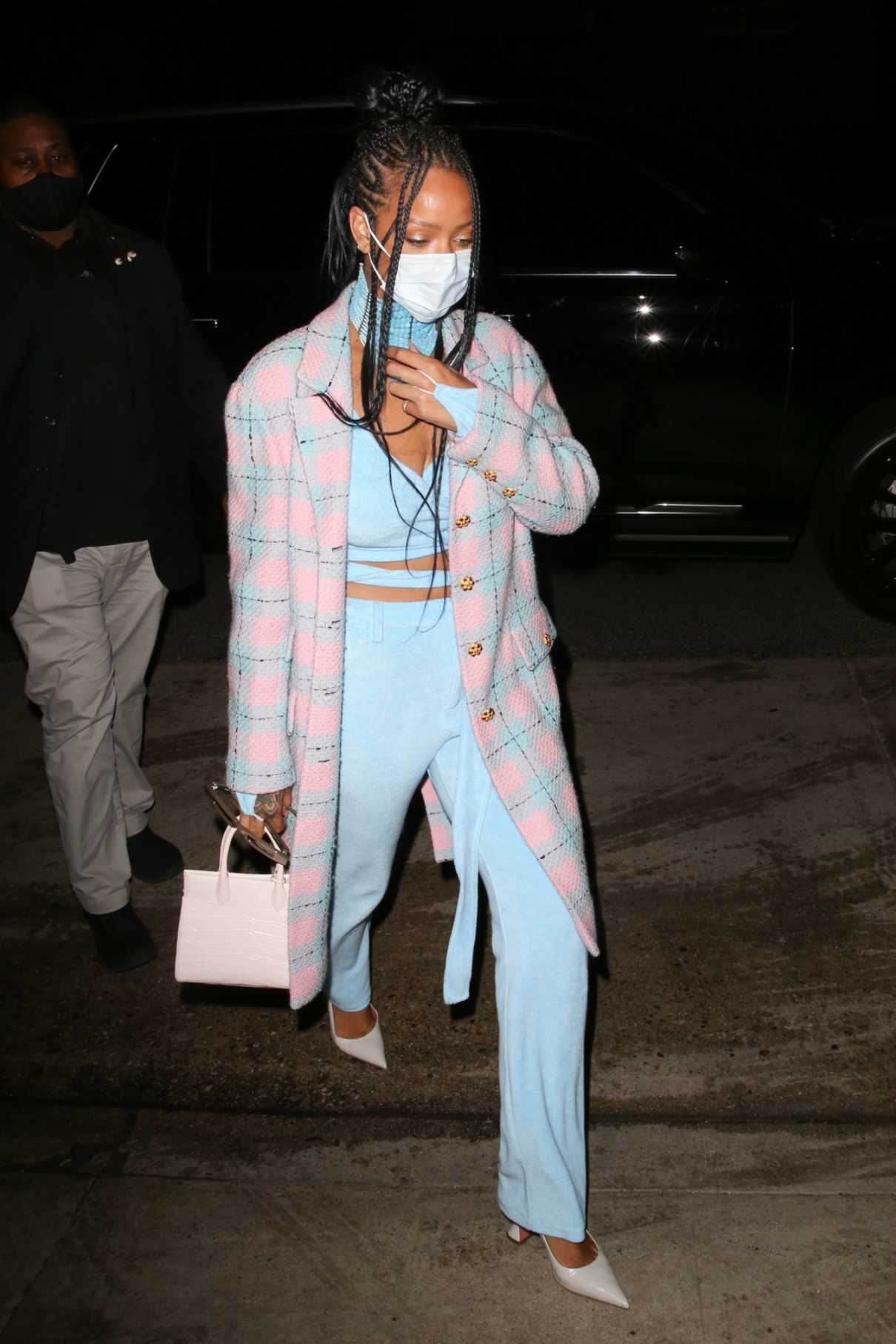 Rihanna in a Blue and Pink Ensemble