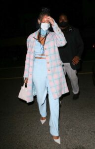 Rihanna in a Blue and Pink Ensemble