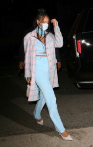 Rihanna in a Blue and Pink Ensemble