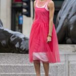 Adwoa Aboah in a Pink Dress Shoots a Commercial in Trafalgar Square in London 04/08/2021