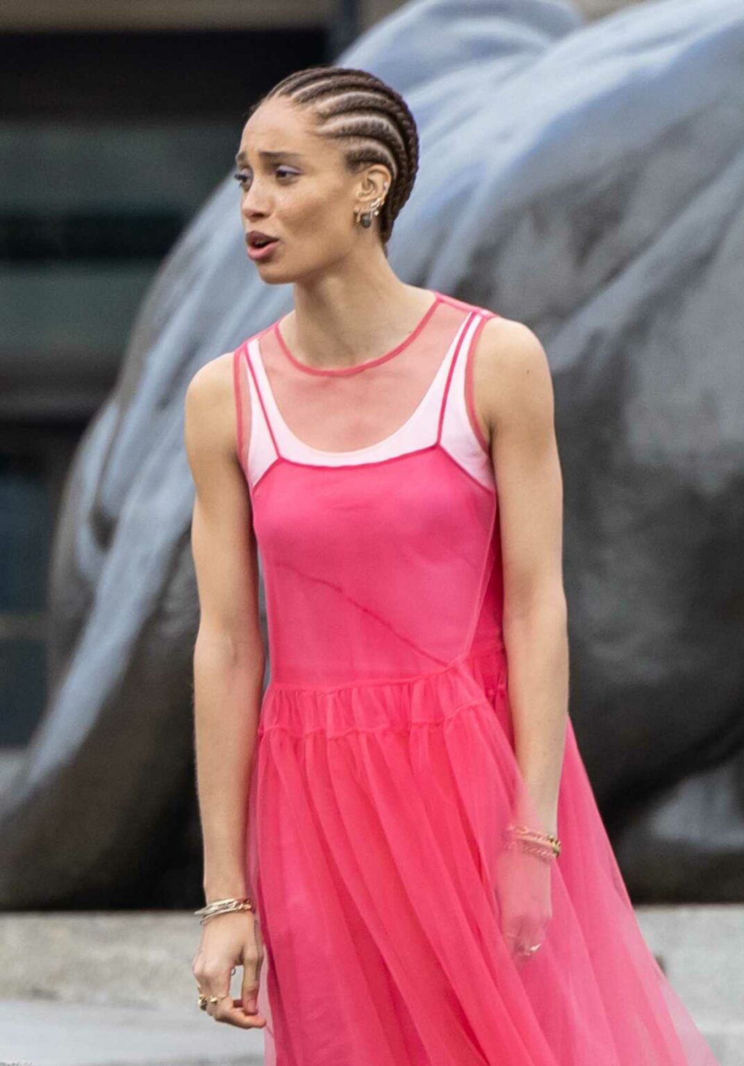 Adwoa Aboah in a Pink Dress Shoots a Commercial in Trafalgar Square in
