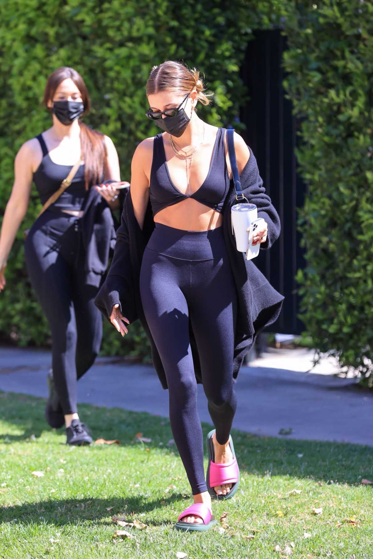 Hailey Bieber in a Black Workout Ensemble