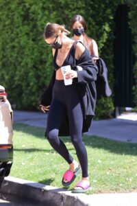 Hailey Bieber in a Black Workout Ensemble