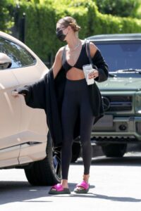 Hailey Bieber in a Black Workout Ensemble