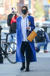 Irina Shayk in a Blue Striped Coat