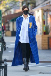 Irina Shayk in a Blue Striped Coat