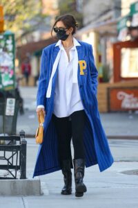 Irina Shayk in a Blue Striped Coat