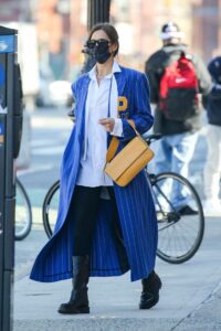 Irina Shayk in a Blue Striped Coat