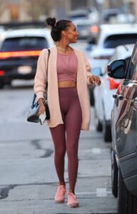 Jasmine Tookes in a Beige Cardigan