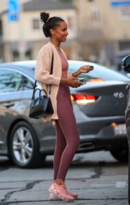 Jasmine Tookes in a Beige Cardigan