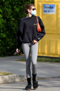 Kaia Gerber in a Grey Leggings