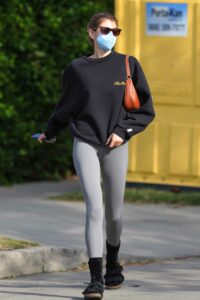 Kaia Gerber in a Grey Leggings