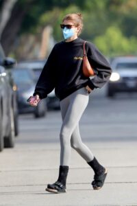 Kaia Gerber in a Grey Leggings