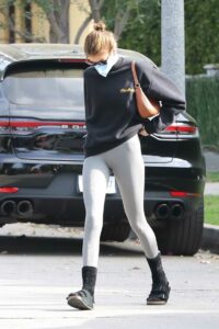 Kaia Gerber in a Grey Leggings