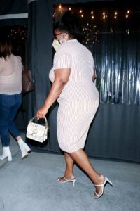 Lizzo in a Pink and White Striped Dress