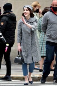 Rachel Brosnahan in a Grey Coat