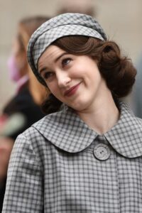 Rachel Brosnahan in a Grey Coat