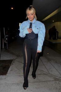 Bebe Rexha in a Blue Denim Jacket