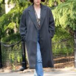 Elizabeth Henstridge in a Grey Coat on the Set of Suspicion in New York 05/04/2021